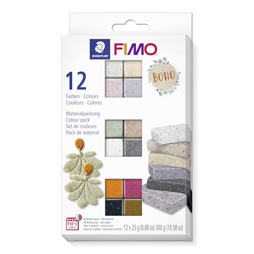 STAEDTLER FIMO Effect Materialpackung 8013 C ofenhärtende Modelliermasse Bohoo Colours, weich und geschmeidig, Kartonetui mit 12 Halbblöcken (sortierte Farben), 8013 C12-5 von Staedtler