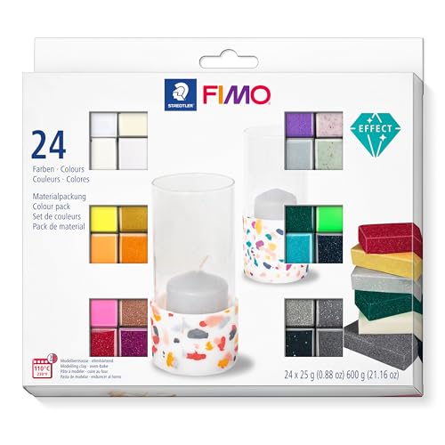 STAEDTLER ofenhärtende Modelliermasse FIMO effect, perfekt abgestimmte Farbkombinationen mit unterschiedlichen Effekten, 24 Halbblöcke á 25g in sortierten Farben, 8013 C24-1 von Staedtler