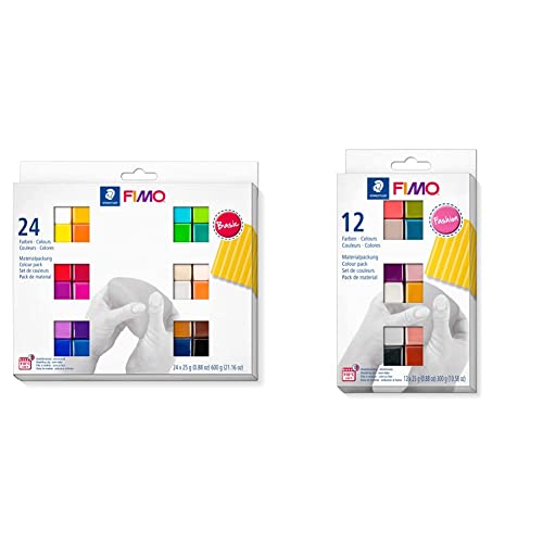 STAEDTLER 8023 C24-1 soft ofenhärtende Modelliermasse. Kartonetui mit 24 sortierten Basic-Farben & 8023 C12-5 FIMO soft ofenhärtende Modelliermasse. Kartonetui mit 12 sortierten Fashion-Farben. von Staedtler