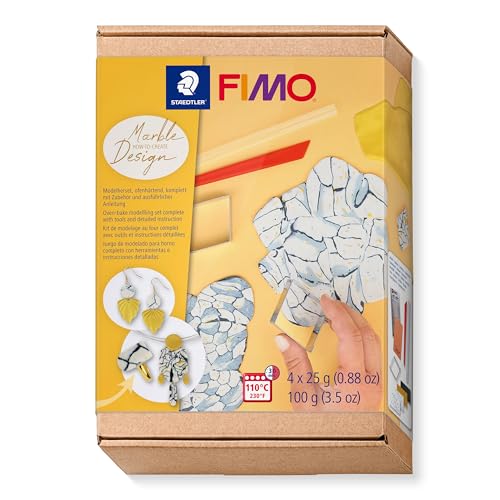 STAEDTLER FIMO How-to-create Set "Marmor-Design" FIMO, ofenhärtende Modelliermasse, Materialeffekte gestalten, 4 Halbblöcke à 25g, 3er Set, 8025 HTC5 von Staedtler