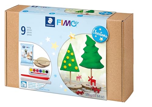 STAEDTLER Christmas Set FIMOair, lufttrocknende Modelliermasse mit Zubehör, geschmeidige Konsistenz, formstabil, 9-teiliges Set mit 500g FIMOair weiß und Zubehör, 81 Set 07 von Staedtler