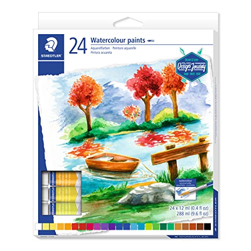 STAEDTLER 8880 C24 Aquarellfarben (hochpigmentiert, leicht mischbar, wasserlöslich, zur Verwendung auf Aquarellpapier, Kartonetui mit 24 farblich sortierten Aquarellfarben) Farbtuben à 12 ml von Staedtler