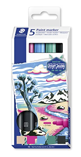 STAEDTLER Acrylmarker Lumocolor Design Journey, deckende, permanente Acryltinte, wisch- und wasserfest, Linienbreite 2,4mm, Farbbrillanz, 5 paint marker in sortierten Farben, 349 C5, 5er Etui von Staedtler