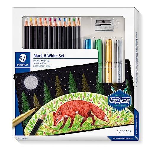 STAEDTLER Schwarz/Weiß Set, Komplett-Set mit 12 super weichen Farbstiften, 4 Metallic-Markern, 1 Metall-Spitzer und Step-by-Step Anleitungen, 61 149C, 17-teiliges Set von Staedtler