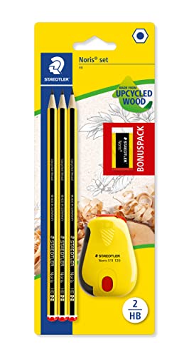 Staedtler Bleistifte Noris, HB, sechskant, Set mit 3 unglaublich bruchfesten Bleistiften, 1 Twist-Spitzer, 1 Radiergummi, hohe Qualität Made in Germany, 120 SBK3P2 von Staedtler