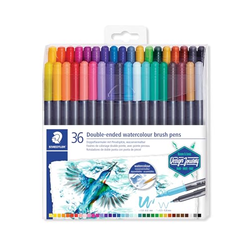 STAEDTLER Doppelfasermaler wasservermalbar, für Aquarell-Effekte, zwei Linienbreiten, feine Spitze und breite Pinselspitze, Klarfaltetui mit 36 brillanten Farben, 3001 TB36 von Staedtler