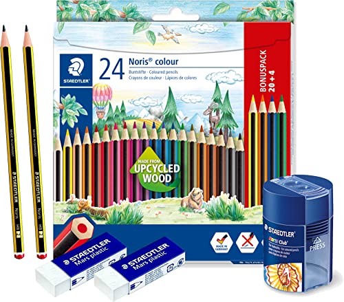 STAEDTLER Doppelspitzdose Noris Club, Rund, Anspitzer + 24er Etui Farbstift Noris® colour Buntstifte + 2 HB Bleistifte + 2 Radierer von Staedtler