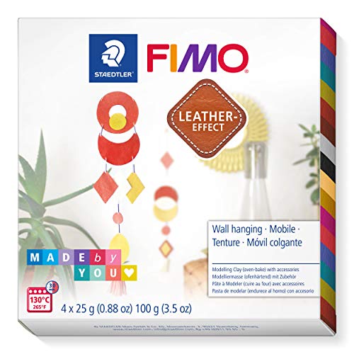 STAEDTLER FIMO Leather-Effect Set „Mobile im Boho Style“ mit Anleitung und Zubehör, ofenhärtende Modelliermasse für kreative Objekte im Leder-Look, lederähnliche Optik und Haptik, 8015 DIY6 von Staedtler