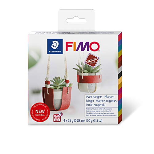 STAEDTLER FIMO Leather-Effect Set „Pflanzenhänger“ mit Anleitung und Zubehör, ofenhärtende Modelliermasse für kreative Objekte im Leder-Look, lederähnliche Optik und Haptik, 8015 DIY3 von Staedtler