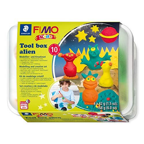 STAEDTLER FIMO kids tool box „alien”, 10-teilige Werkzeugbox mit kindgerechten Werkzeugen und ofenhärtender Modelliermasse, 8039 02 von Staedtler