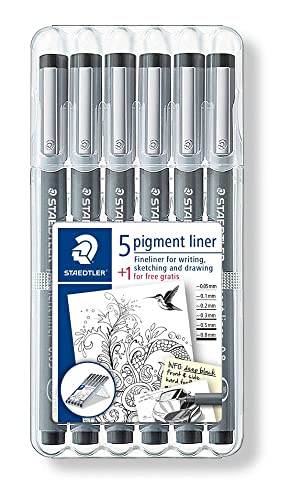 STAEDTLER Fineliner Set pigment liner, 6 Linienbreiten, hohe Qualität, Pigmenttinte, dokumentenecht, lichtbeständig, schwarz, 5 Fineliner und 1 Stück gratis, 308 SB6P1 von Staedtler