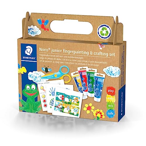 STAEDTLER Fingermalfarben und Bastel Set Noris junior, 4 Tuben Fingerfarbe in sortierten Farben, Sicherheitsschere und Bastelanleitungen, dermatologisch getestet, 61 C2 von Staedtler