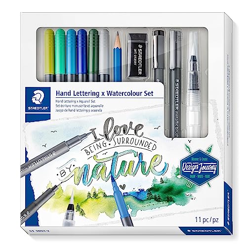 STAEDTLER Handlettering & Aquarell Set, Komplett-Set zum Kombinieren von Hand Lettering mit angesagten Aquarelleffekten, inclusive Step-by-Step-Anleitungen und ausführlichen Beschreibungen, 61 3001-2, 11-teiliges Set von Staedtler