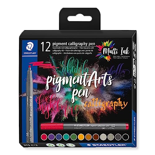 STAEDTLER Kalligraphie Fasermaler pigment Arts, 2,00 mm Kalligraphiespitze, pigmentierte Premium-Zeichentusche, wasserfest, 12 Handlettering Filzstifte in sortierten Farben im Kartonetui, 375 C12 von Staedtler