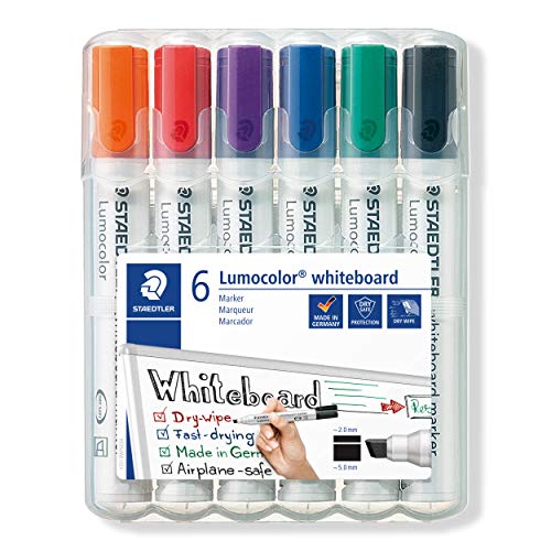 STAEDTLER Whiteboard Marker Lumocolor, trocken und rückstandsfrei abwischbar, Keilspitze ca. 2 oder 5 mm, hohe Qualität Made in Germany, Set mit 6 Farben, 351 B WP6 von Staedtler