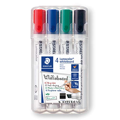 STAEDTLER Whiteboard-Marker Lumocolor, Rundspitze ca. 2 mm Linienbreite, Set mit 4 Farben, hohe Qualität Made in Germany, trocken und rückstandsfrei abwischbar von Whiteboards, 351 WP4 von Staedtler