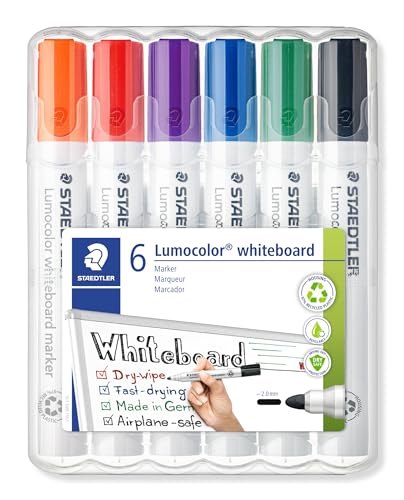 STAEDTLER Whiteboard Marker Lumocolor, trocken und rückstandsfrei abwischbar von Whiteboards, Rundspitze, ca. 2 mm Linienbreite, hohe Qualität, Set mit 6 Farben, 351 WP6 von Staedtler
