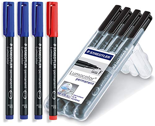 STAEDTLER Lumocolor Permanentmarker Set 4er Set in Aufbewahrungsbox schwarz + 3 blau und 1 rot (Office Set) von Staedtler