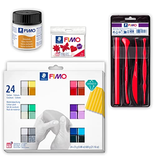 STAEDTLER Modellierset FIMO effect, ofenhärtende Modelliermasse, 24 Halbblöcke á 25g in effektvollen Farben, 4 Modellierwerkzeuge, Glanzlack, Halbblock FIMO und Ausstechform Gratis, 8013 C24-1X von Staedtler