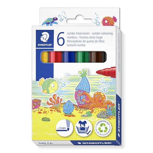 STAEDTLER Noris 340 Jumbo Fasermaler, Speziell für kleine Kinderhände, Kartonetui mit 6 Jumbo Fasermaler in sortierten Farben, 340 C6 von Staedtler