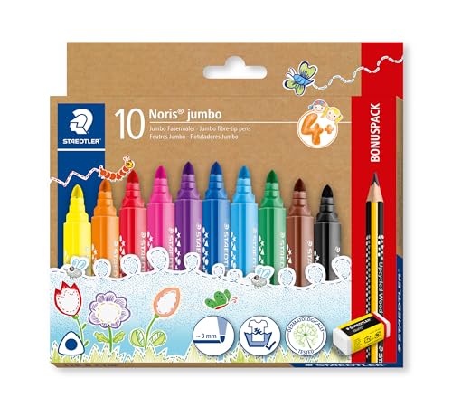 STAEDTLER Noris jumbo 328-B dreikantiger jumbo Fasermaler, ergonomischer dicker Schaft, attraktive Sternchenprägung, Kartonetui mit 10 Fasermalern, Promotion, 328-B C10P von Staedtler