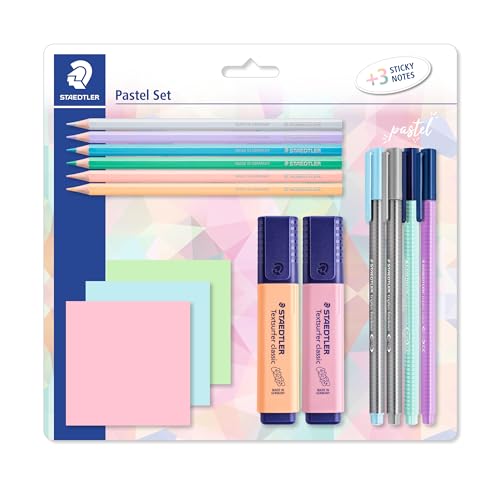 STAEDTLER Pastell Set zum Markieren, Schreiben und Malen, mit Buntstiften, Finelinern, Filzstiften, Textmarkern und 3 Haftnotizblöcken, in hoher Qualität, 61 SBK2 PA von Staedtler