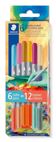 STAEDTLER STAEDTLER 3280 Doppelfasermaler zweifarbig, zwei Spitzen, zwei unterschiedliche Farben, Linienbreiten 3 mm und 1 mm, Kartonetui mit 6 Fasermalern in sortierten Farben, 3280C6E2-2 von Staedtler