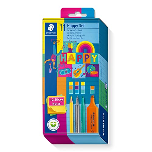 STAEDTLER Stifte Set, in den bunten Happy-colours, 2 Textmarker, 3 Fasermaler, 3 Fineliner, 3 Buntstifte, 2 Haftnotizblöcke, zum Markieren, Schreiben und Malen, 61 SC2 HA von Staedtler