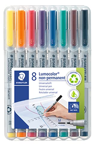 STAEDTLER Universalstift Lumocolor non-permanent, Strichbreite 1,0mm, für fast alle Oberflächen, wasserlösliche Tinte, 8 Marker in sortierten Farben in der aufstellbaren STAEDTLER Box, 315 WP8 von Staedtler