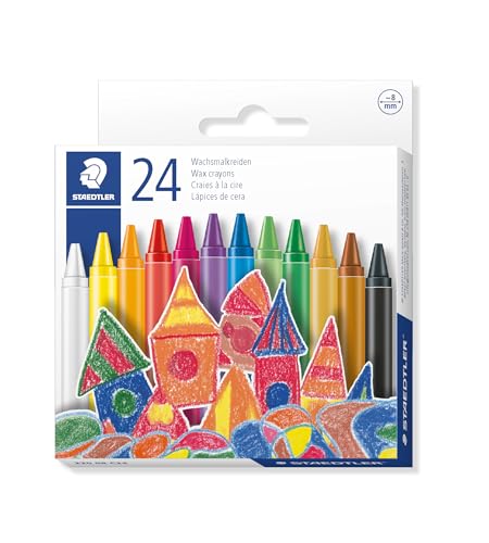 STAEDTLER Wachsmalkreide, leuchtende Farben, 8 mm Durchmesser, mit Papiermanschette, 24 Wachsmalkreiden in sortierten Farben im Kartonetui, 220 08 C24 von Staedtler