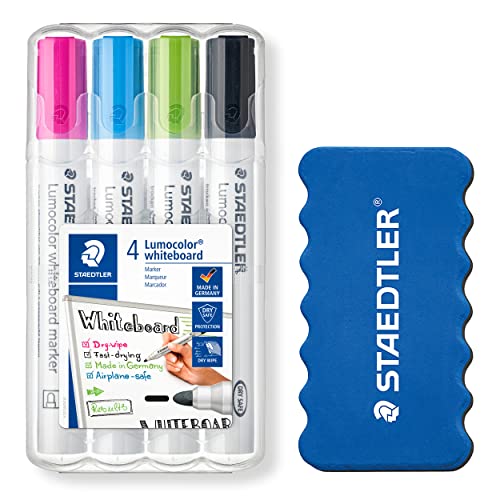 STAEDTLER Whiteboard Marker Lumocolor, ca. 2 mm Linienbreite, trocken und rückstandsfrei abwischbar von Whiteboards, hohe Qualität, Set mit 4 sortierten Farben inklusive Schwamm, 351WP4-1P1X von Staedtler