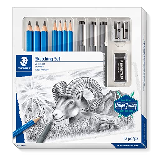 STAEDTLER Zeichen Set, Komplett-Set mit 4 Premium Bleistiften, 3 Premium Jumbo-Bleistiften, 3 schwarzen Finelinern, 1 Radierer, 1 Doppel-Spitzer und Step-by-Step Anleitungen, 61 100 von Staedtler