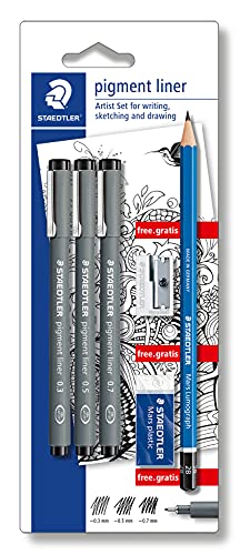 STAEDTLER artist Set, 3 Pigment Liner Schwarz 0.3, 0.5, 0.7mm mit dokumentenechter Pigmenttinte, Bleistift 2B besonders bruchfest, Radierer phtalat- und latexfrei und Spitzer, 308 SBK3P, 1 stück (1er Pack) von Staedtler