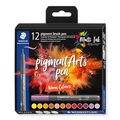 STAEDTLER brush pen pigment Arts, Premium-Zeichentusche, Pinselspitze für variable Linienbreite, wasserfest, schnelltrocknend, 12 brush pens in sortierten Farben im Kartonetui, 371 C12-5 von Staedtler