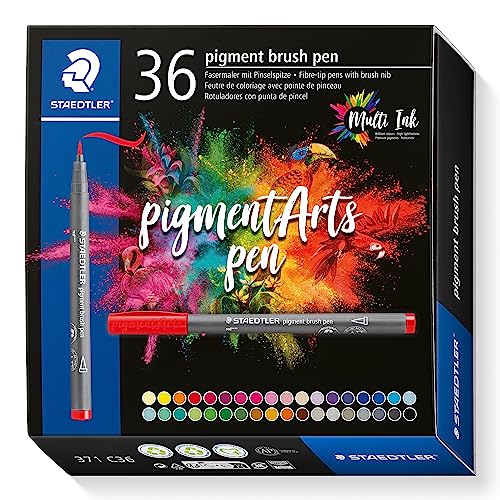 STAEDTLER brush pen pigment Arts, Premium-Zeichentusche, Pinselspitze für variable Linienbreite, wasserfest, schnelltrocknend, 36 brush pens in sortierten Farben im Kartonetui, 371 C36 von Staedtler