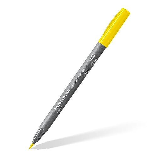 STAEDTLER brush pen pigment Arts, gelb, pigmentierte Premium-Zeichentusche, Pinselspitze für variable Linienbreite, wasserfest, schnelltrocknend, 10 gelbe brush pens im Kartonetui, 371-1 von Staedtler