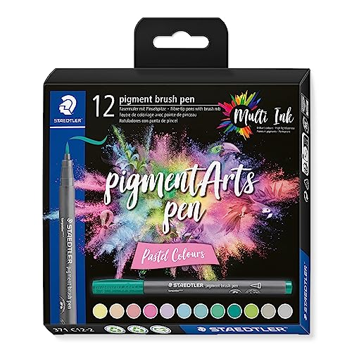 STAEDTLER brush pen pigment Arts, pastell, Premium-Zeichentusche, Pinselspitze für variable Linienbreite, wasserfest, 12 brush pens in sortierten pastel colours im Kartonetui, 371 C12-2 von Staedtler