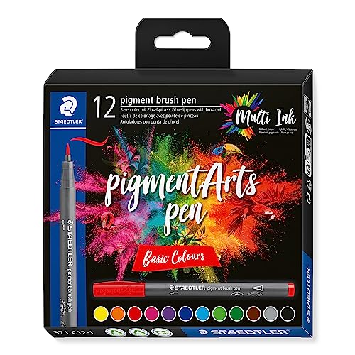 STAEDTLER brush pen pigment Arts, pigmentierte Premium-Zeichentusche, Pinselspitze für variable Linienbreite, wasserfest, 12 brush pens in sortierten "basic colours" im Kartonetui, 371 C12-1 von Staedtler