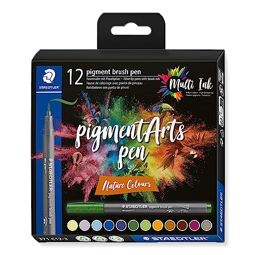 STAEDTLER brush pen pigment Arts, pigmentierte Premium-Zeichentusche, Pinselspitze für variable Linienbreite, wasserfest, 12 brush pens in sortierten nature colours im Kartonetui, 371 C12-3 von Staedtler