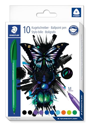 STAEDTLER dreikant stick Kugelschreiber cool & cute, Linienbreite M ca. 1,00 mm, für entspanntes Schreiben, 10 Kugelschreiber in sortierten Farben im Kartonetui, 4320 MC10 von Staedtler