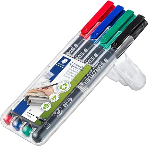 STAEDTLER permanenter Universalstift Lumocolor, wisch- und wasserfest, sekundenschnell trocken, nachfüllbar, F-Spitze - Linienbreite 0,6 mm, 4 Marker in sortierten Farben, 318 WP4 von Staedtler