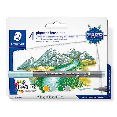 STAEDTLER pigment brush pen Design Journey, pigmentierte Premium-Zeichentusche, Pinselspitze für variable Linienbreite, wasserfest, 4 brush pens in abgestimmten Farben Lake Colours, 371 BK4-2 von Staedtler