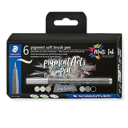 STAEDTLER soft brush pen pigment Arts, grey colours, pigmentierte Premium-Zeichentusche, softe Pinselspitze für besonders variable Linienbreiten, wasserfest, 6 brush pens im Kartonetui, 372 C6 von Staedtler