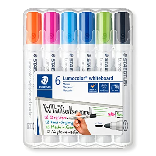 STAEDTLER whiteboard Marker Lumocolor, Linienbreite 2,00 mm, schnelltrocknend, geruchsarm, lange Lebensdauer, blockierte Spitze, 6 whiteboard Marker in aufstellbarer STAEDTLER box, 351 WP6-1 von Staedtler