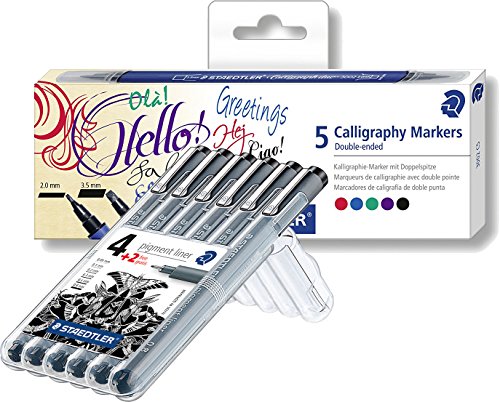 Staedtler 3002 C5 Kalligraphie Doppelmarker mit Keilspitze 2 Spitzen 3.5 mm und 2 mm, 5 Stück in verschiedenen farben | 6er Etui Pigmentliner in versch. Stärken mit hoch deckender schwarzer Tinte von Staedtler