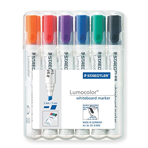 Staedtler 351 B WP6 Lumocolor Whiteboard Marker, Keilspitze, aufstellbare Box mit 6 Farben (3er Pack) von Staedtler