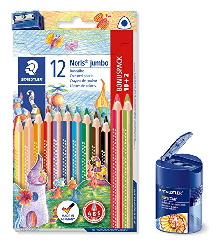 Staedtler 512 128 Doppelspitzdose Noris Club, Dreikant, Anspitzer (Spitzdose + Buntstift Noris jumbo) von Staedtler