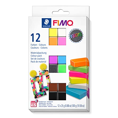 STAEDTLER Neon Colours Set FIMO, ofenhärtende Modelliermasse in leuchtenden Neonfarben mit Schwarzlichteffekt, Set mit 12 Halbblöcken à 25g in sortierten neon Farben, 8013 C10-3 von Staedtler