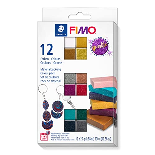 STAEDTLER Sparkle Colours Set FIMO, ofenhärtende Modelliermasse in funkelnden galaxy, glitter und metallic Farben, Set mit 12 Halbblöcken à 25g in sortierten Farben, 8013 C10-4 von Staedtler