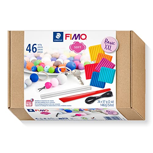 STAEDTLER Basic Set XXL FIMO soft, ofenhärtende Modelliermasse mit Zubehör, weich und geschmeidig, Grundausstattung mit 26 Normalblöcken à 57 g, 10 Modellierwerkzeuge, 4 Gummibänder, 8023 15 von Staedtler